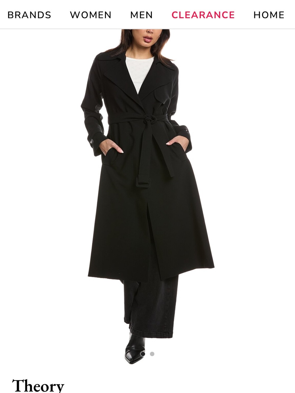 Theory Dark Green Wide-Leg Trench Coat with Tie Waist